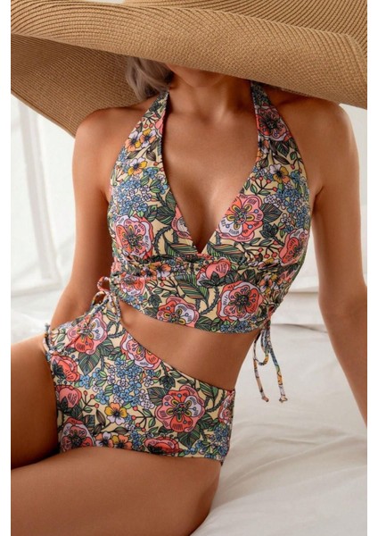 Kadın Kaplı Astarlı Yüksek Bel Bikini Takımı