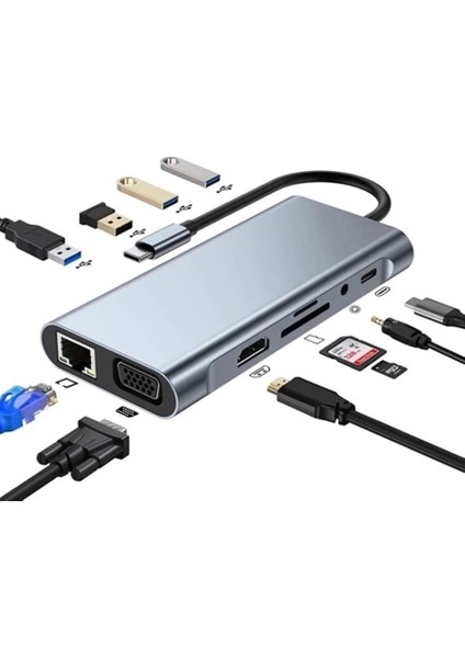 Data Star Datastar Type-C 11 In 1 Gigabit Hd Tv Çoklayıcı Dönüştürücü Çevirici