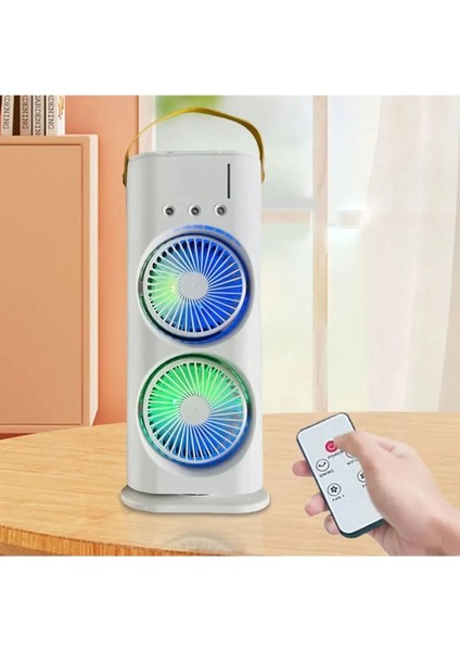 Inovaxis Buharlı Çift Pervaneli Işıklı Vantilatör Uzaktan Kumandalı Taşınabilir Şarjlı Midi Fan