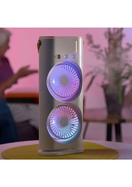 Inovaxis Buharlı Çift Pervaneli Işıklı Vantilatör Uzaktan Kumandalı Taşınabilir Şarjlı Midi Fan