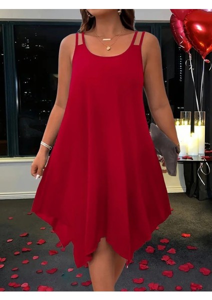 Kadın Askılı Yuvarlak Asimetrik Kesim Detaylı Viskon Elbise modelleri