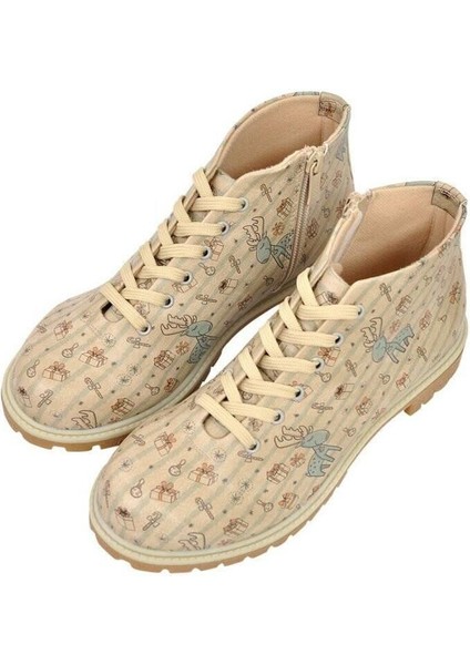 Kadın Vegan Deri Bej Fermuarlı Kısa Bot - Deer Xmass Tasarım