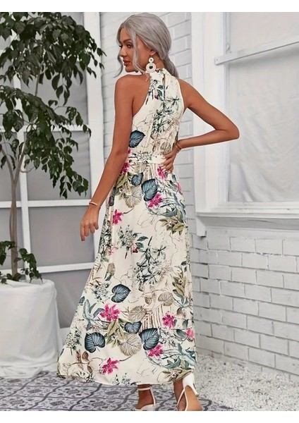 Kadın Omuzlardan Açık Halter Yakalı Yırtmaçlı Çiçek Desenli Süprem Elbise modelleri