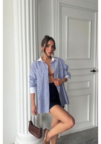 Yaka ve Manşet Beyaz Boyfriend Çizgili Poplin Gömlek - Mavi