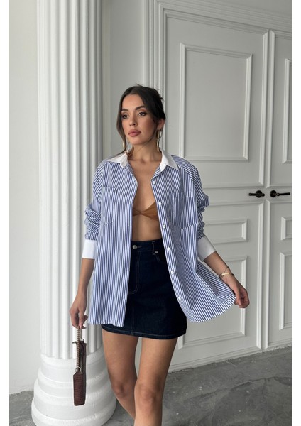 Yaka ve Manşet Beyaz Boyfriend Çizgili Poplin Gömlek - Mavi