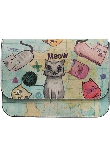 Kadın Vegan Deri Yeşil El Çantası - Cats Of The World Tasarım