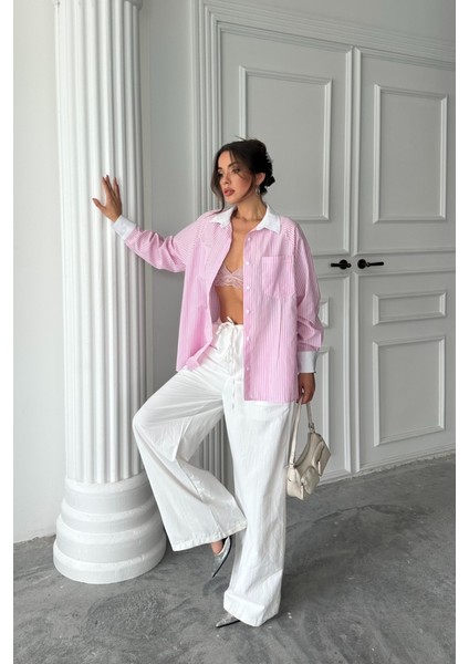 Yaka ve Manşet Beyaz Boyfriend Çizgili Poplin Gömlek - Pembe