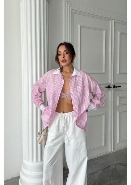 Yaka ve Manşet Beyaz Boyfriend Çizgili Poplin Gömlek - Pembe
