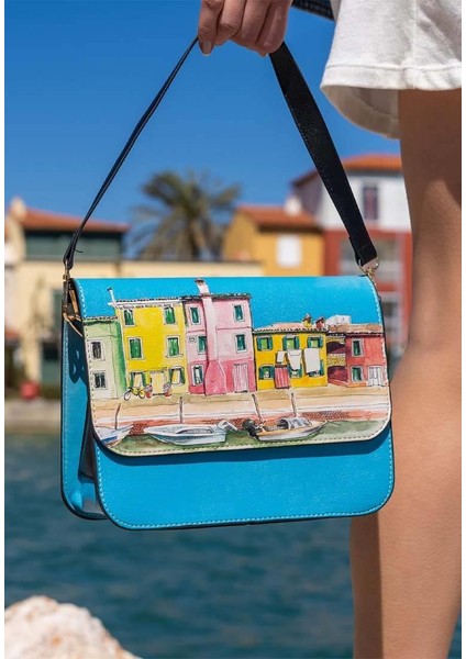 Kadın Vegan Deri Mavi El Çantası - Burano Island Tasarım