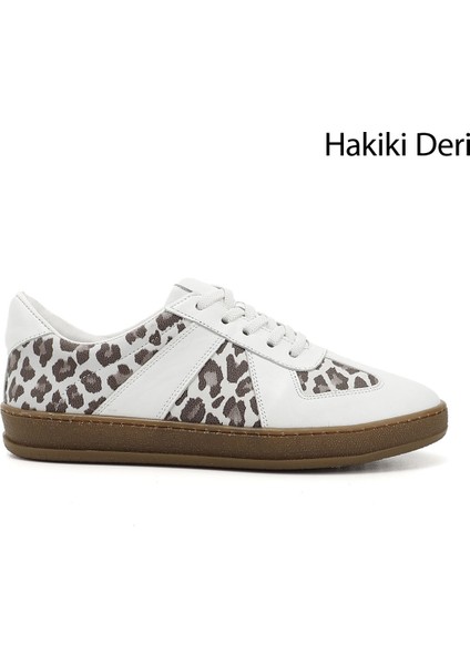 Kadın Beyaz Lastik Bağcıklı Hakiki Deri Sneaker