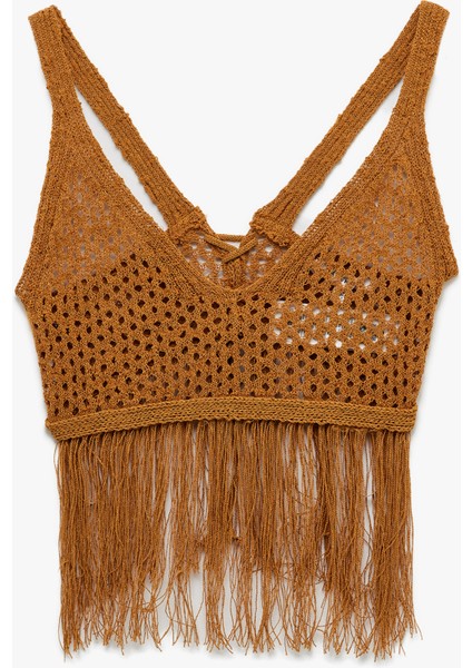 Püsküllü V Yaka Kolsuz Sırt Detaylı Slim Fit Kroşe Crop Bluz