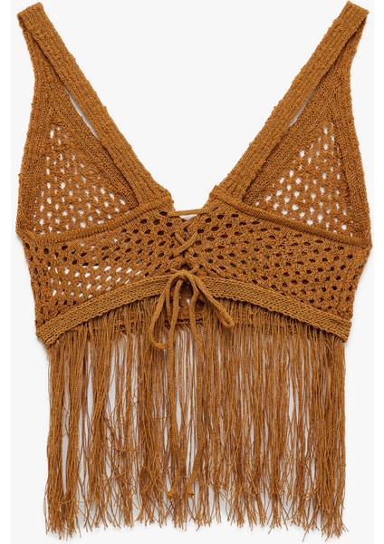 Püsküllü V Yaka Kolsuz Sırt Detaylı Slim Fit Kroşe Crop Bluz fiyatları