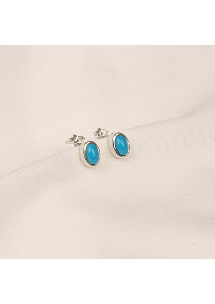 Gümüş Küpe - 925 Ayar Gümüş Firuze (Turkuaz) Taşlı Oval Küpe