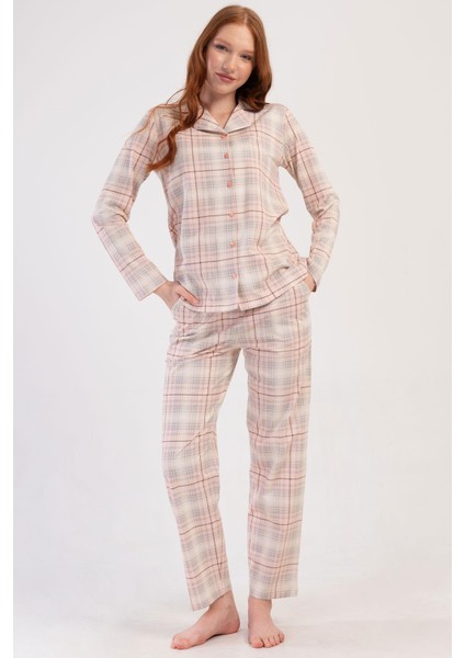 Kadın Gömlek Yaka Önden Düğmeli Uzun Kol Somon Pijama Takımı C0T3N0O014