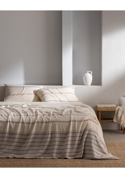 Breville Tek Kişilik Müslin Ipliği Boyalı Lastikli Nevresim Takımı - Ekru/lacivert