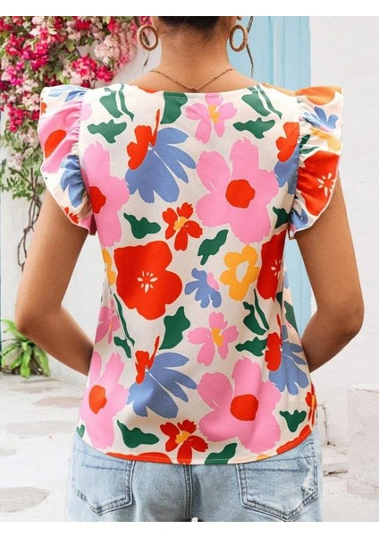 Kadın Kısa Fırfır Kollu Kare Yaka Çiçek Desenli Ithal Keten Bluz fiyatları