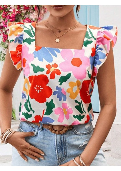 Kadın Kısa Fırfır Kollu Kare Yaka Çiçek Desenli Ithal Keten Bluz modelleri