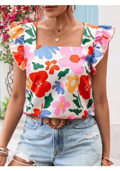 Kadın Kısa Fırfır Kollu Kare Yaka Çiçek Desenli Ithal Keten Bluz fırsatları