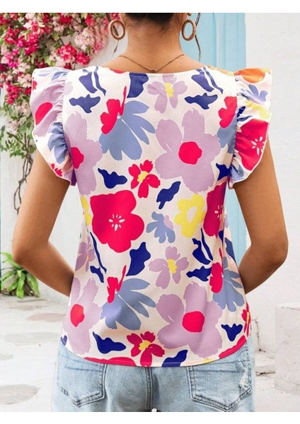 Kadın Kısa Fırfır Kollu Kare Yaka Çiçek Desenli Ithal Keten Bluz indirimleri