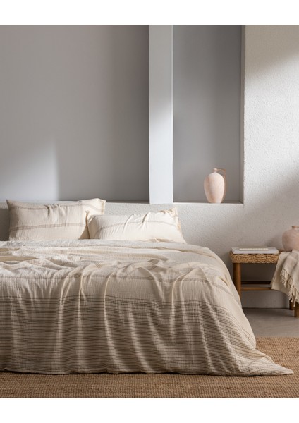 Breville Tek Kişilik Müslin Ipliği Boyalı Lastikli Nevresim Takımı - Ekru/haki