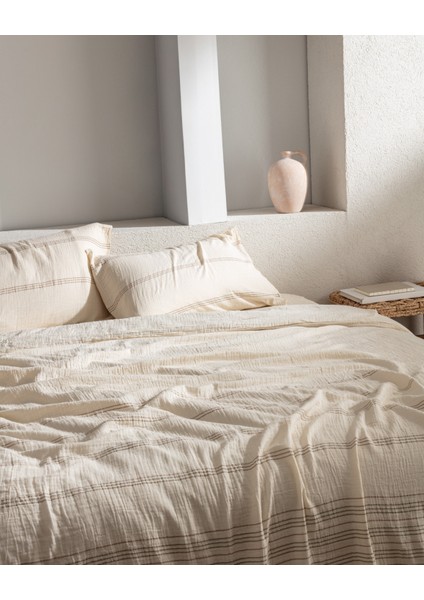 Breville Tek Kişilik Müslin Ipliği Boyalı Lastikli Nevresim Takımı - Ekru/haki