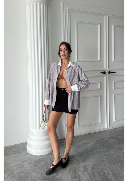 Yaka ve Manşet Beyaz Boyfriend Çizgili Poplin Gömlek - Kahverengi modelleri