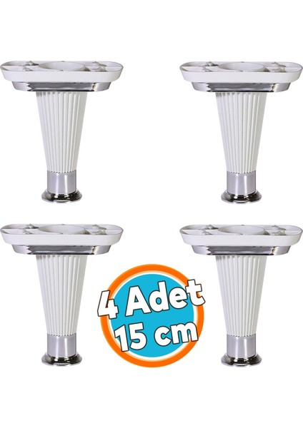 (4 Adet) Mobilya Kanepe Puf Sehpa Tv Ünitesi Yükseltici Ayağı Beyaz Krom Baza Ayak 15 cm
