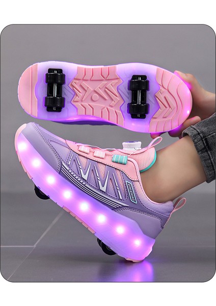 Tekerlekli Ayakkabı Dört Tekerlekli Çocuk Tekerlekli Paten Erkek ve Kadın Çocuk USB Şarj Parlayan Paten Mor (Yurt Dışından)