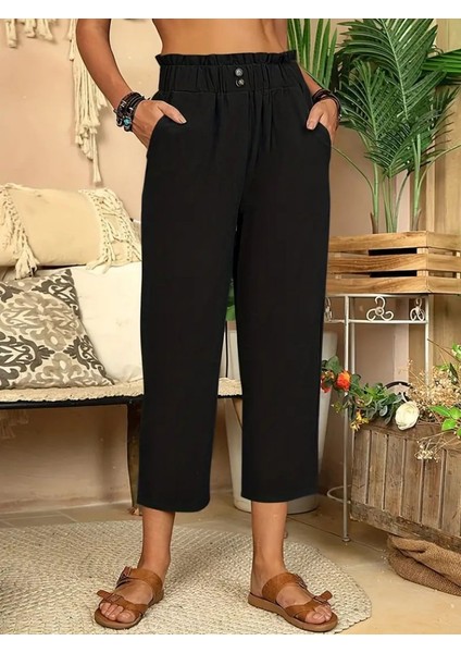 Kadın Bel Büzgü ve Düğme Detay Kapri Keten Pantolon