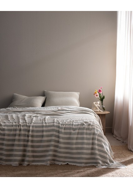 Cherina Müslin %100 Pamuk Çift Kişilik Lastikli Pike Takımı - Ekru/Haki