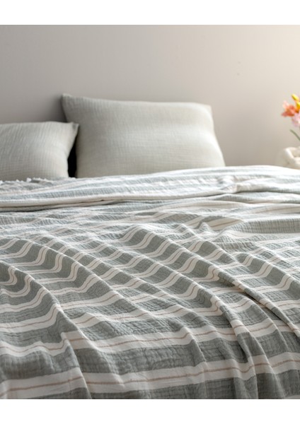 Cherina Müslin %100 Pamuk Çift Kişilik Lastikli Pike Takımı - Ekru/Haki fırsatları