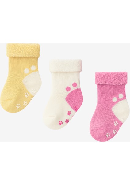 Kız Bebek 3'lü Havlu Soket Çorap Pembe-Beyaz-Sarı