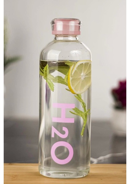 H2O Borosilikat Cam Matara Vakum Kapaklı Su Şişesi Suluk Pembe 1000 ml