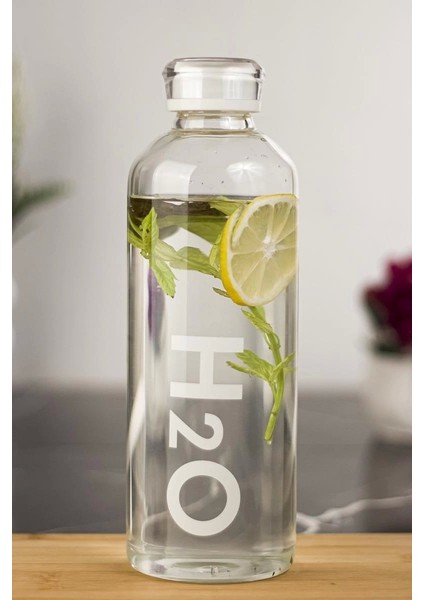 H2O Borosilikat Cam Matara Vakum Kapaklı Su Şişesi Suluk Beyaz 1000 ml