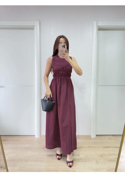 Kolsuz Göğüs Lastıklı Uzun Elbise - Bordo