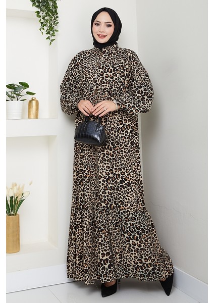 Leopar Desen Yarım Düğmeli Dokuma Viskon Elbise 1477 - Bej