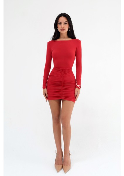 Uzun Kollu Eteği Büzgülü Sandy Kırmızı Mini Elbise