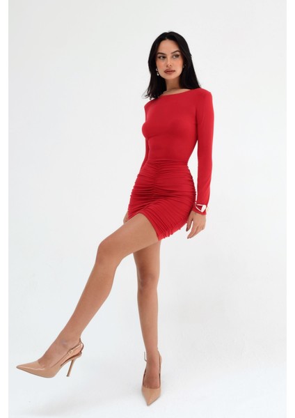 Uzun Kollu Eteği Büzgülü Sandy Kırmızı Mini Elbise fiyatları
