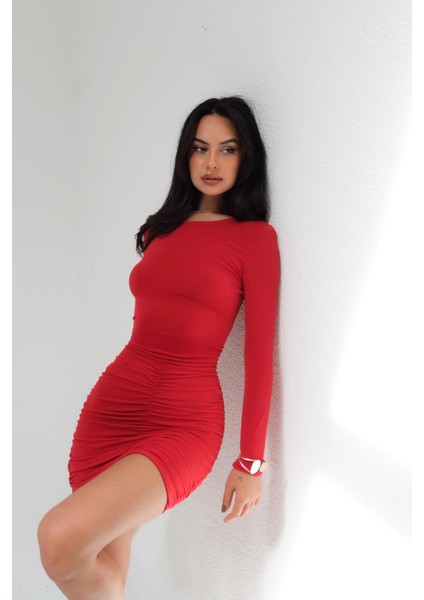 Uzun Kollu Eteği Büzgülü Sandy Kırmızı Mini Elbise modelleri