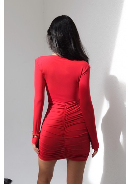 Uzun Kollu Eteği Büzgülü Sandy Kırmızı Mini Elbise fırsatları