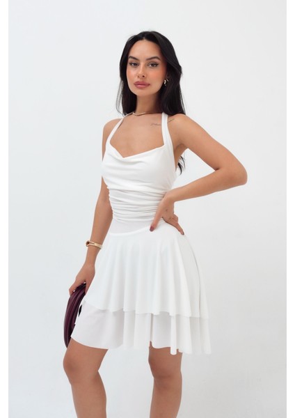 Kadın Boyundan Bağlamalı Degaje Yaka Sandy Pileli Beyaz Mini Elbise