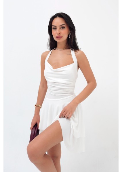 Kadın Boyundan Bağlamalı Degaje Yaka Sandy Pileli Beyaz Mini Elbise fiyatları
