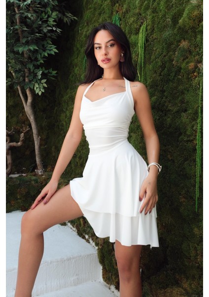 Kadın Boyundan Bağlamalı Degaje Yaka Sandy Pileli Beyaz Mini Elbise modelleri