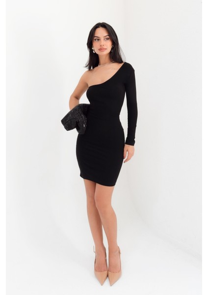 Tek Omuz Uzun Kollu Sandy Siyah Mini Elbise