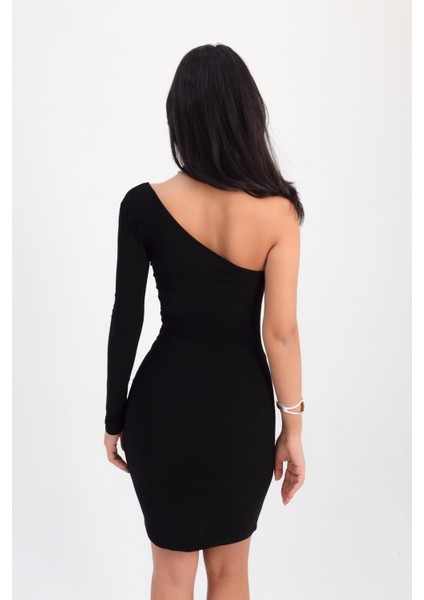 Tek Omuz Uzun Kollu Sandy Siyah Mini Elbise fiyatları