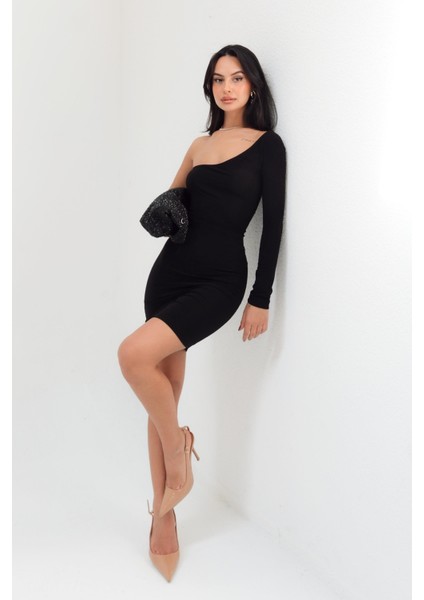 Tek Omuz Uzun Kollu Sandy Siyah Mini Elbise modelleri