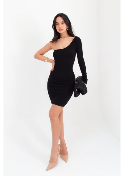 Tek Omuz Uzun Kollu Sandy Siyah Mini Elbise fırsatları