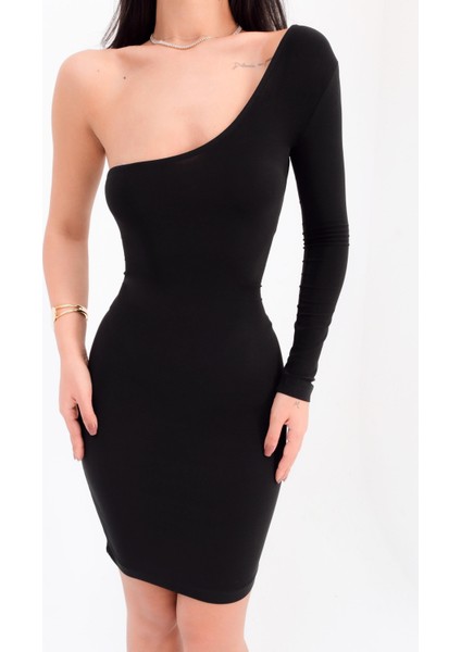 Tek Omuz Uzun Kollu Sandy Siyah Mini Elbise indirimleri