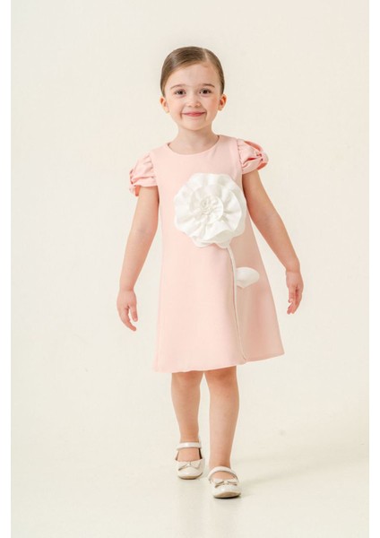 Gül Desenli A Kesim Kız Çocuk Kısa kol elbise - Somon