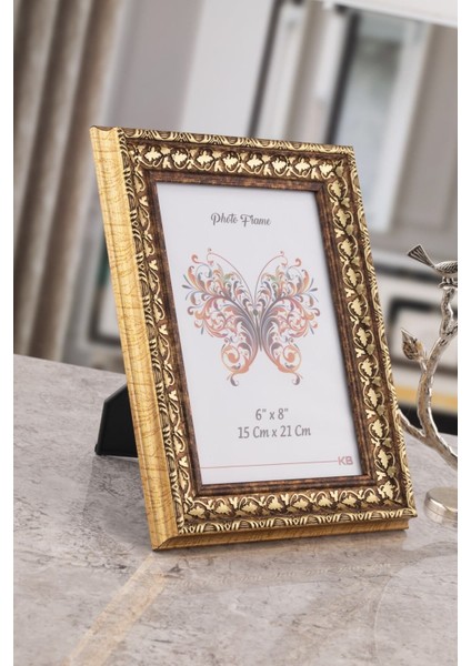 Porto Camlı Resim Çerçevesi Tek'li Gold Kabartma Ayarlanabilir Ayaklı-Duvara Asılabilir 15 x 21 cm